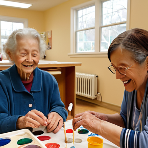 Home 15 **
"A warm, inviting long-term care center activity room filled with light. A diverse group of elderly residents are participating in an art class, some painting, some sculpting with clay. A caring instructor is assisting a woman with her painting. The atmosphere is cheerful and supportive, conveying a sense of community and creative expression. Perhaps include a completed artwork prominently displayed, showcasing the residents' talents. Focus on natural light and a comforting color palette."
**