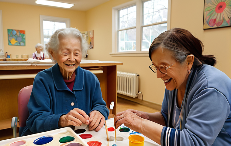 **
"A warm, inviting long-term care center activity room filled with light. A diverse group of elderly residents are participating in an art class, some painting, some sculpting with clay. A caring instructor is assisting a woman with her painting. The atmosphere is cheerful and supportive, conveying a sense of community and creative expression. Perhaps include a completed artwork prominently displayed, showcasing the residents' talents. Focus on natural light and a comforting color palette."
**
