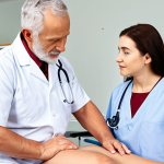 **A multidisciplinary team of geriatric rehabilitation professionals (doctor, physiotherapist, occupational therapist, psychologist) collaboratively evaluating a senior patient in a bright, modern rehabilitation center.** (Focus: Teamwork & Assessment)