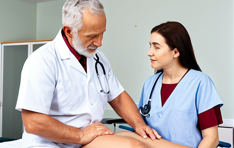 **A multidisciplinary team of geriatric rehabilitation professionals (doctor, physiotherapist, occupational therapist, psychologist) collaboratively evaluating a senior patient in a bright, modern rehabilitation center.** (Focus: Teamwork & Assessment)