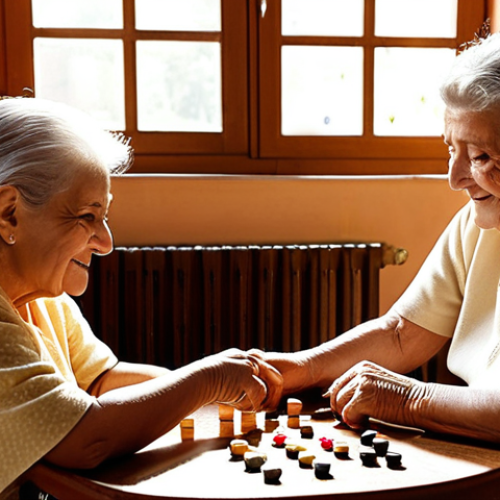 Home 7 **
A warm, inviting common room in a Spanish nursing home ("residencia de mayores"). Sunlight streams through a window. Several elderly residents are engaged in a gentle activity, perhaps a craft or a board game. A friendly caregiver assists one of the residents. The overall feeling is one of community, care, and dignified aging. Focus on natural light and authentic details that reflect Spanish culture.
**