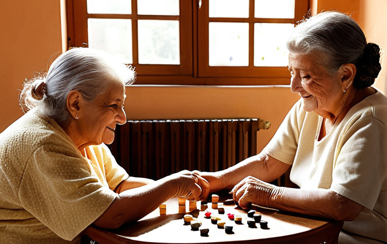 **
A warm, inviting common room in a Spanish nursing home ("residencia de mayores"). Sunlight streams through a window. Several elderly residents are engaged in a gentle activity, perhaps a craft or a board game. A friendly caregiver assists one of the residents. The overall feeling is one of community, care, and dignified aging. Focus on natural light and authentic details that reflect Spanish culture.
**
