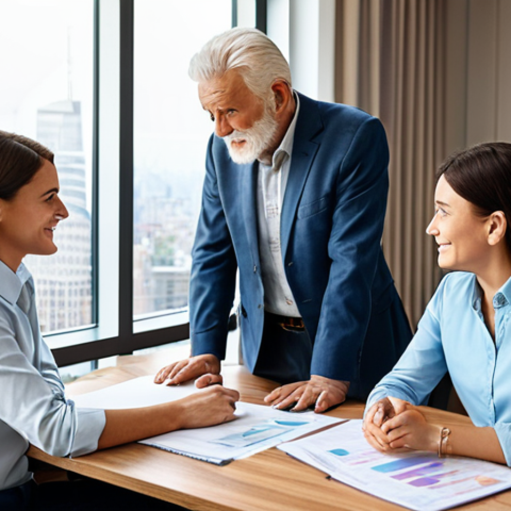A compassionate financial advisor, a woman in her 40s, is engaged in a professional consultation with an elderly man and his adult daughter. The advisor wears a modest business suit. The elderly man is dressed in a comfortable, neat button-down shirt and trousers. The daughter wears a smart casual top and pants. All subjects are fully clothed, appropriate attire, professional dress. They are seated at a polished wooden desk in a bright, modern office with large windows overlooking a blurred city skyline. There's a laptop on the desk displaying a simple financial chart, and some neatly organized documents. The atmosphere is one of trust and clarity. Perfect anatomy, correct proportions, natural pose, well-formed hands, proper finger count, natural body proportions. High-quality professional photography, soft lighting, sharp focus. Safe for work, appropriate content, fully clothed, professional, family-friendly.