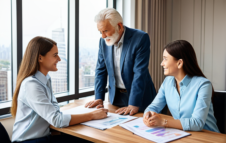 A compassionate financial advisor, a woman in her 40s, is engaged in a professional consultation with an elderly man and his adult daughter. The advisor wears a modest business suit. The elderly man is dressed in a comfortable, neat button-down shirt and trousers. The daughter wears a smart casual top and pants. All subjects are fully clothed, appropriate attire, professional dress. They are seated at a polished wooden desk in a bright, modern office with large windows overlooking a blurred city skyline. There's a laptop on the desk displaying a simple financial chart, and some neatly organized documents. The atmosphere is one of trust and clarity. Perfect anatomy, correct proportions, natural pose, well-formed hands, proper finger count, natural body proportions. High-quality professional photography, soft lighting, sharp focus. Safe for work, appropriate content, fully clothed, professional, family-friendly.