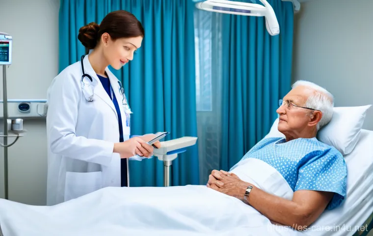 요양병원과 일반 병원 간병 차이 - **Prompt: Hospital Acute Care**
A highly detailed, realistic image depicting an elderly patient ...