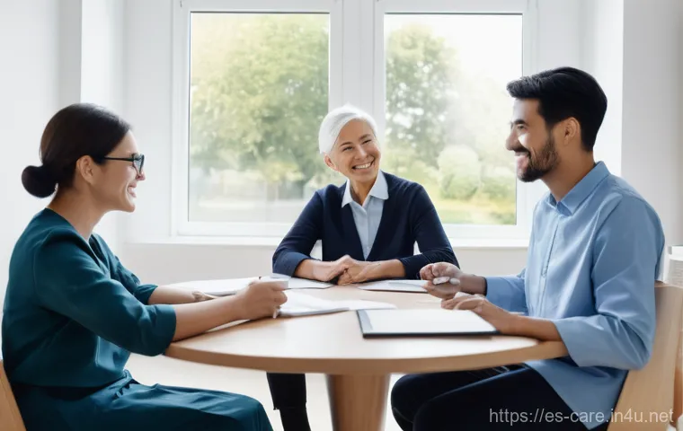 요양병원 퇴원 후 관리 프로그램 - **Prompt:** A diverse group of family members (adult children, grandchildren) and healthcare profess...