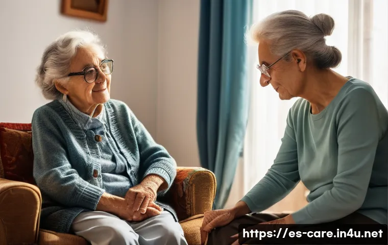 치매 환자 돌봄 비용 - A warm and compassionate home care scene in a Spanish household, showing a professional caregiver as...
