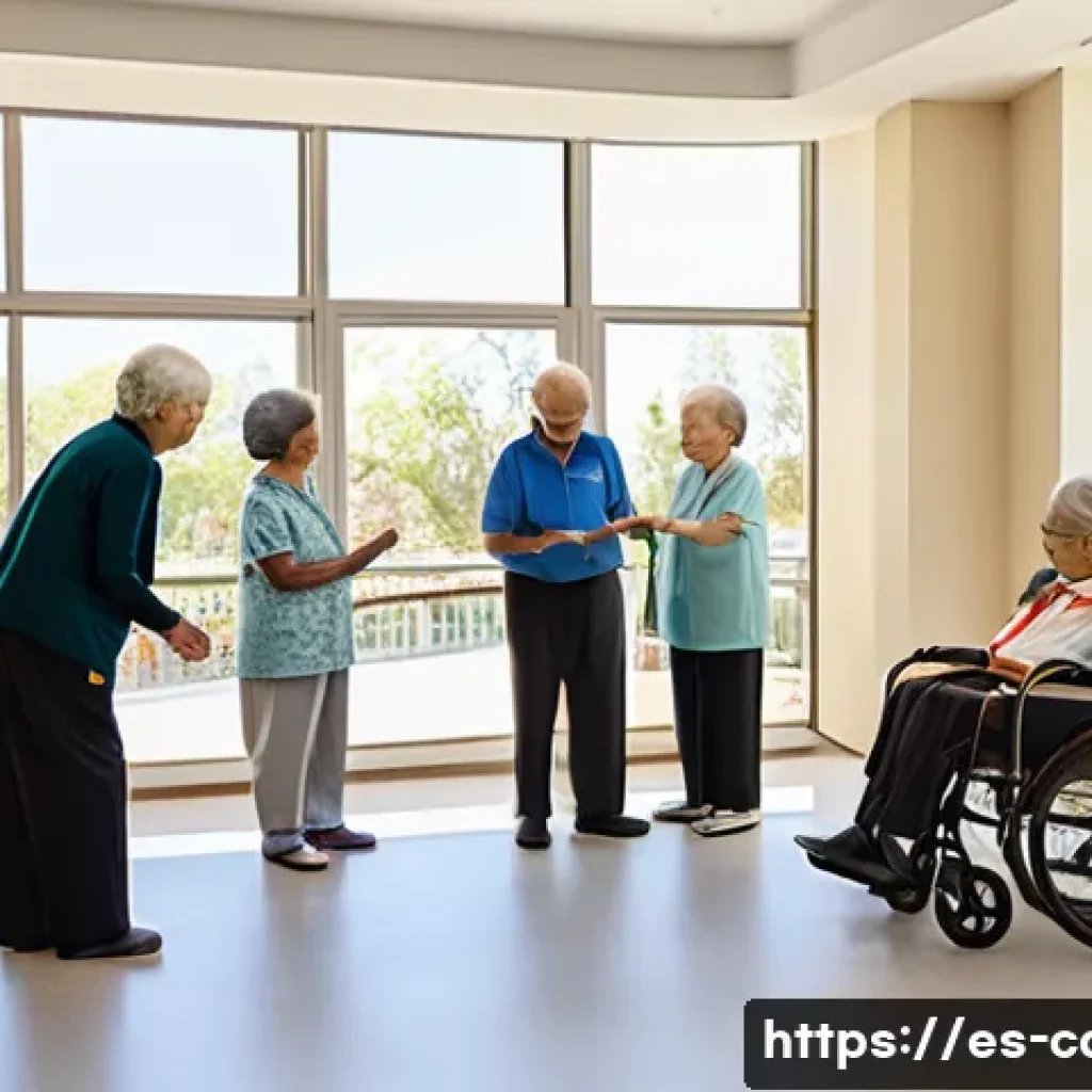 노인 요양병원과 주간보호센터 차이 - A warm, bright day center for elderly Spanish seniors, showcasing a spacious, accessible room with l...