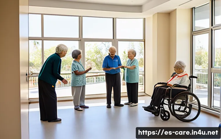 노인 요양병원과 주간보호센터 차이 - A warm, bright day center for elderly Spanish seniors, showcasing a spacious, accessible room with l...