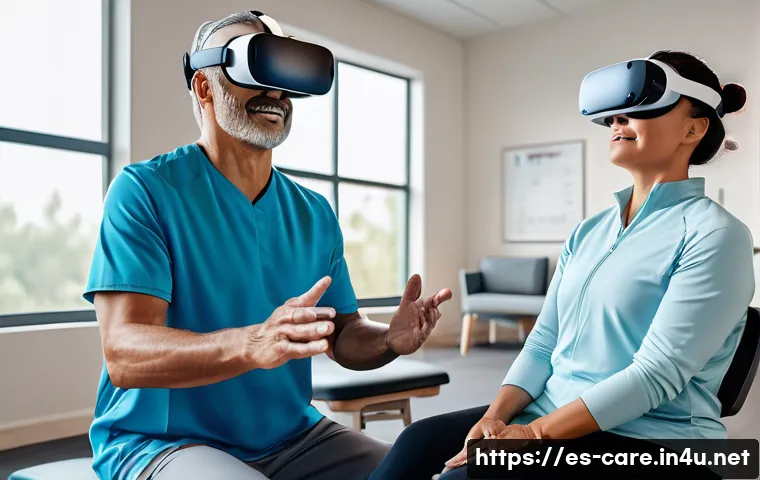 요양병원에서 제공하는 재활치료 - A modern rehabilitation center room featuring a middle-aged Hispanic patient wearing comfortable spo...