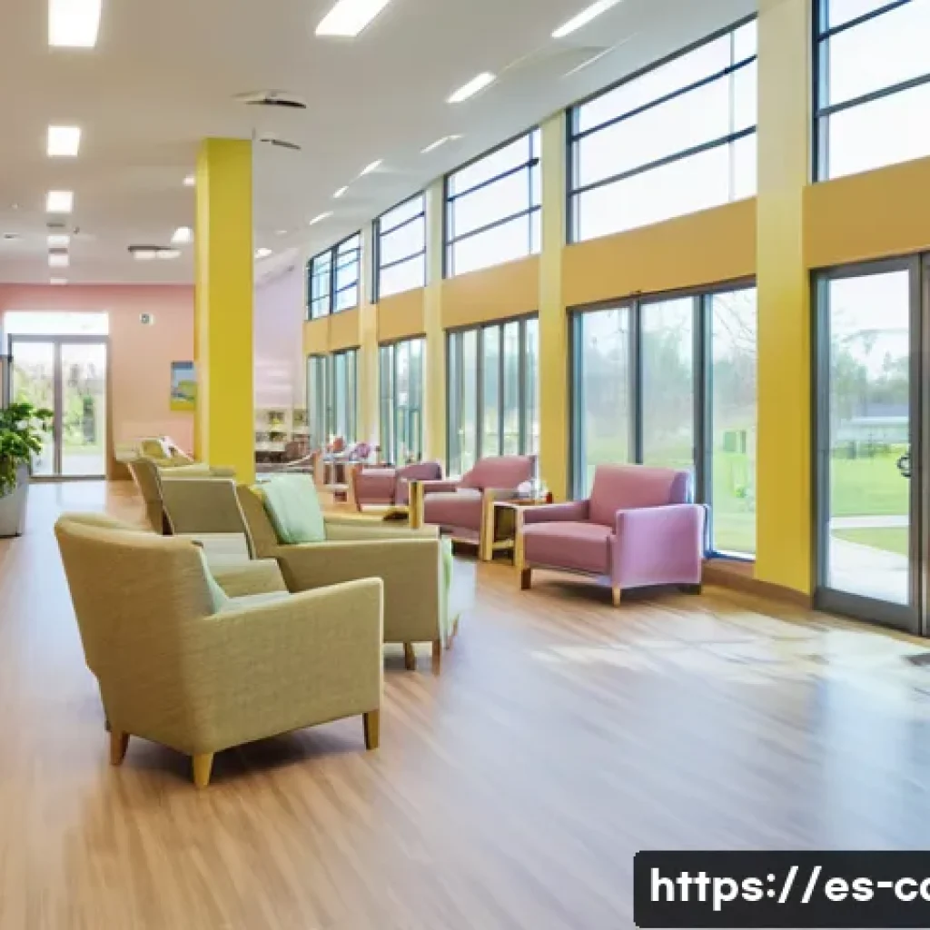 치매 환자 요양시설 찾는 법 - A bright and serene dementia care center interior designed for safety and comfort: wide, obstacle-fr...