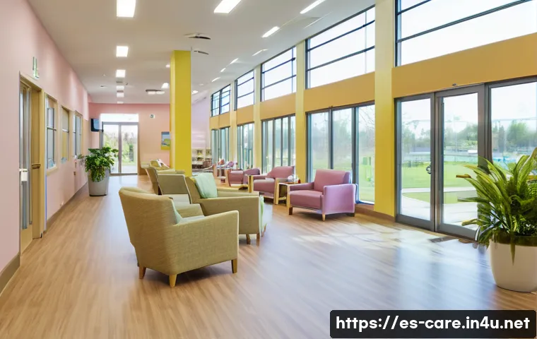 치매 환자 요양시설 찾는 법 - A bright and serene dementia care center interior designed for safety and comfort: wide, obstacle-fr...