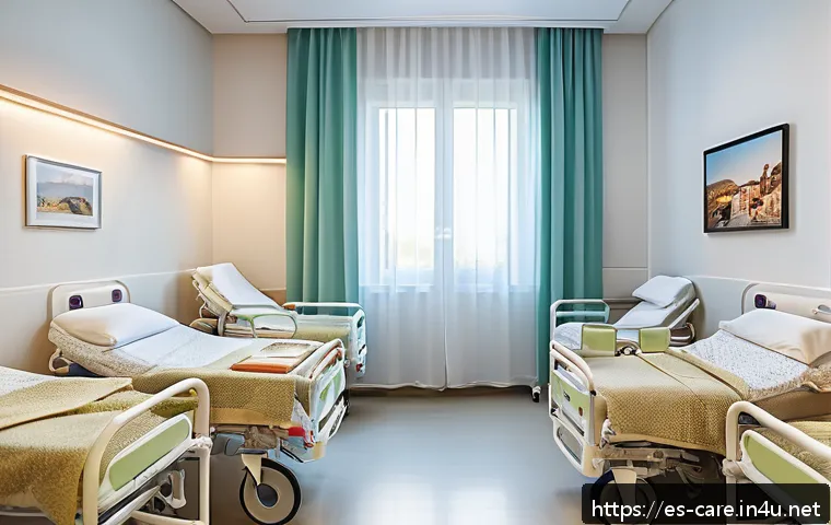 요양병원 입원 절차 상세 가이드 - A warm and welcoming long-term care hospital room in Spain, featuring a middle-aged patient sitting ...