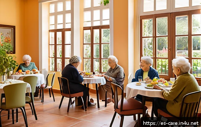 요양병원 식사 품질 후기 - A warm, inviting dining room in a Spanish elderly care residence during lunchtime, featuring natural...