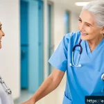 요양병원 내 간병인 서비스 - A warm and professional elderly care hospital scene featuring a multidisciplinary team of certified ...