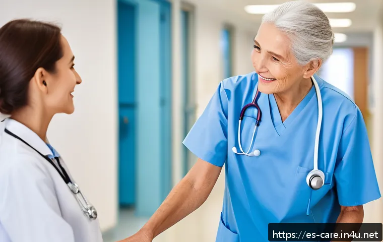 요양병원 내 간병인 서비스 - A warm and professional elderly care hospital scene featuring a multidisciplinary team of certified ...