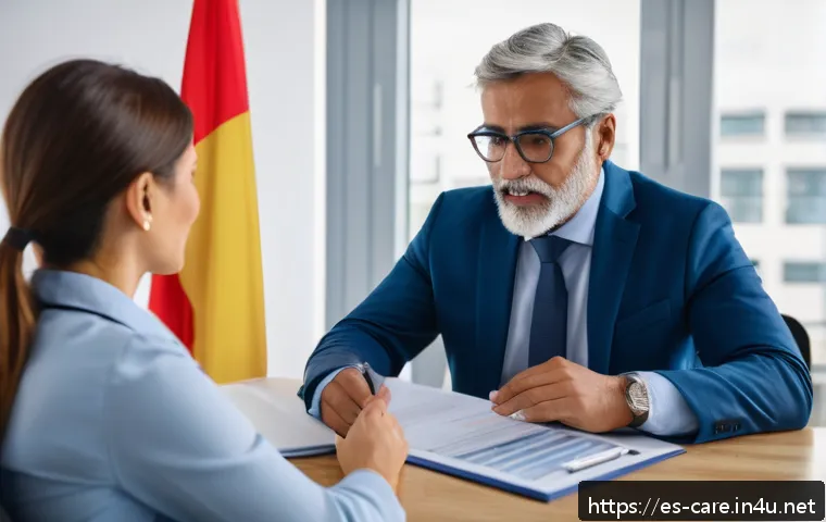 요양병원 실비 보험 적용 - A professional Spanish healthcare advisor in a modern office, explaining long-term care insurance po...