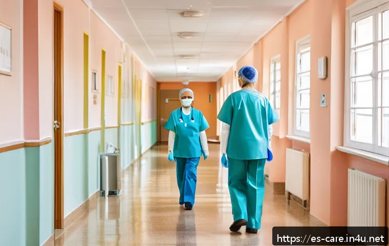 요양병원 방문 상담 가이드 - A bright and clean nursing home corridor in Spain, with wide hallways free of obstacles, polished fl...
