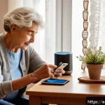 치매 환자 돌봄 시스템 - A warm, cozy living room scene in a modern Spanish home, featuring an elderly person with mild demen...