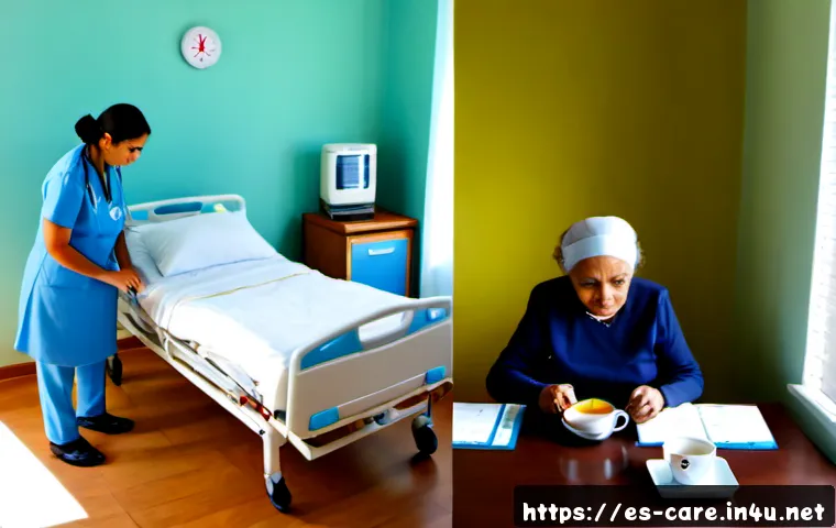 Home 17 요양병원과 요양원 비용 비교 - Photorealistic split-screen comparison: on the left, a modern Spanish nursing hospital room with med...