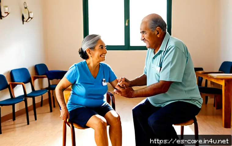 노인성 질환 예방 요양 - Photorealistic preventive senior care scene in a bright Spanish-speaking community health center, co...